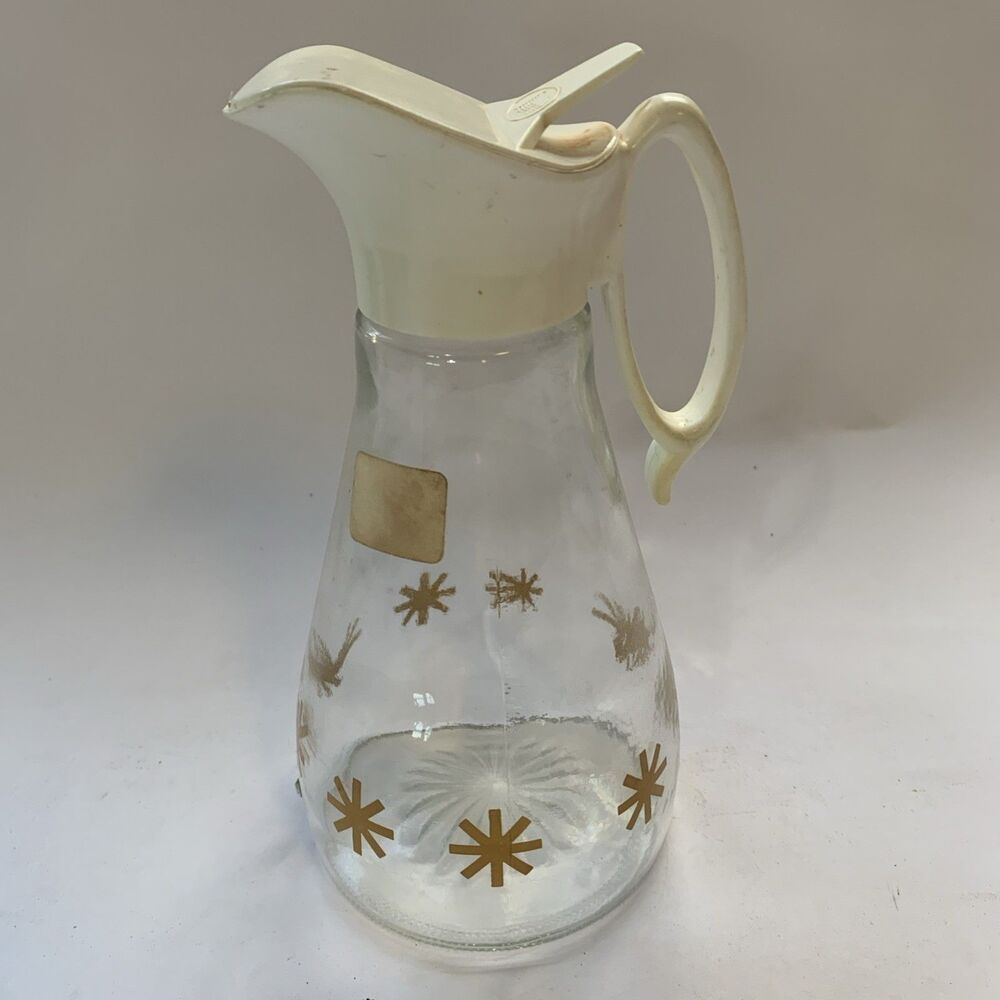VTG Log Cabin Syrup Glass Dispenser Bottle Gold Atomic Starburst Cottage Core